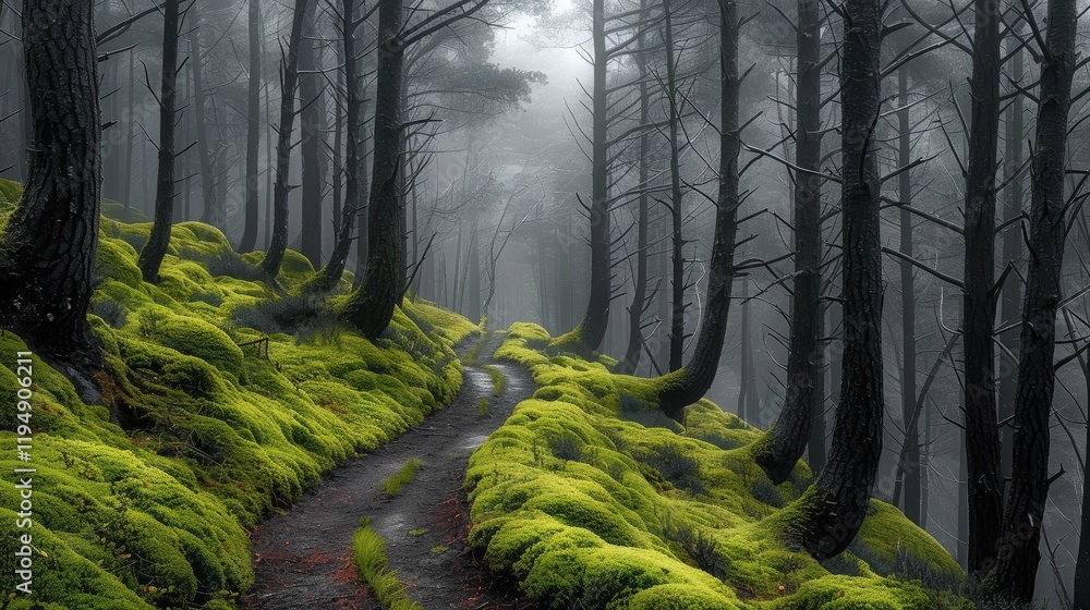 Poster A dirt path winds through tall trees whose trunks fade into the fog, The forest floor is carpeted with vibrant green moss on either side of the path, and the trees canopy filters soft.