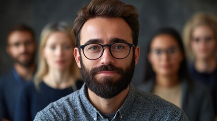 Obraz premium Confident Leader: A confident, bearded man with glasses stands in the foreground, showcasing his leadership presence while surrounded by a team of colleagues in the background.