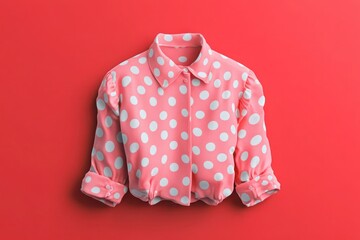 Pink and white polka dot blouse isolated on a solid red backdrop