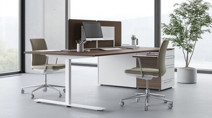 A contemporary desk with a flat-screen monitor, an office chair, and a plant on a stand nearby.