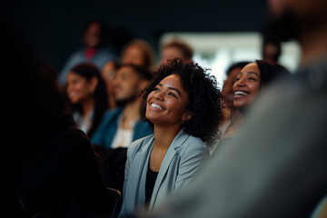 Young woman enjoying a speech at a corporate event. Generative AI image