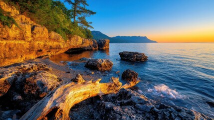 [Serene coastal sunrise beach scene] Serene Coastal Sunrise Over Rocky Shoreline with Gentle Waves and Warm Morning Glow