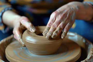 Artist shaping a clay pot on a pottery wheel. Generative AI image