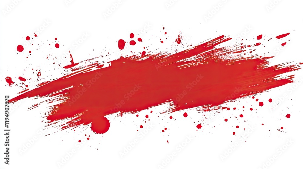 Poster a crimson-red abstract composition with paint splashes and scattered brush strokes, creating a bold 
