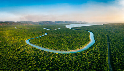 Aerial panorama of a large mangrove forest in Mueang Satun, Thailand.
