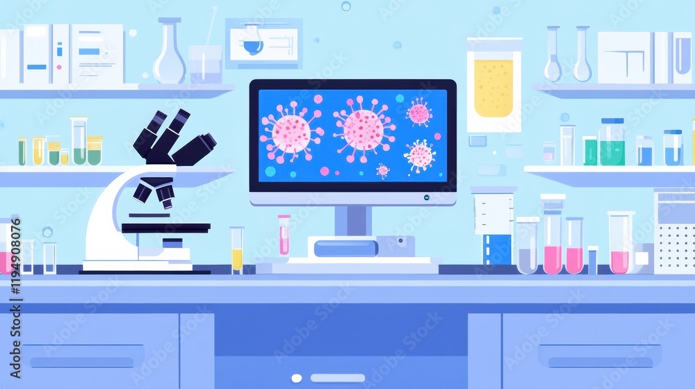 Poster laboratory environment showcasing microscopes, test tubes, and digital displays of bacteria visuals 