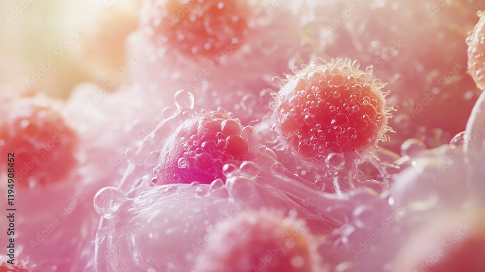 Poster bubbles and pink fruit create an enchanting visual experience in a close-up setting