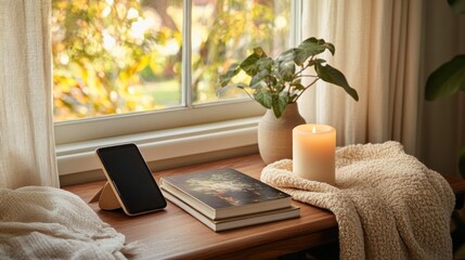 Fototapeta premium Cozy Modern Workspace with Tablet and Natural Elements by the Window