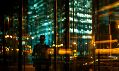 Businessman standing behind glass with cityscape reflections. Generative AI image