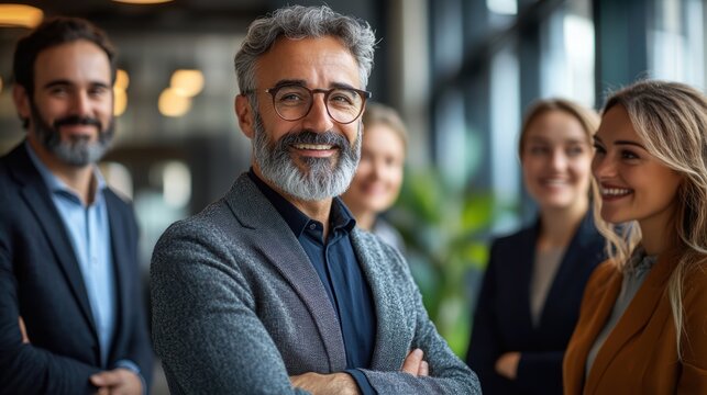 Confident Leadership: A seasoned leader exudes confidence and professionalism, standing at the forefront of a diverse team, conveying a sense of unity and purpose.