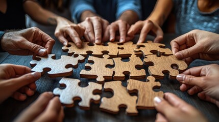 Teamwork Hands assembling wooden puzzle, indoor meeting