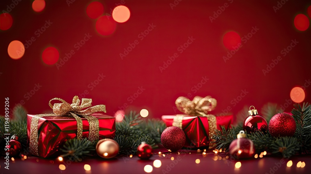 Poster a deep red backdrop adorned with glowing sparkles and soft light effects, creating a joyful holiday 
