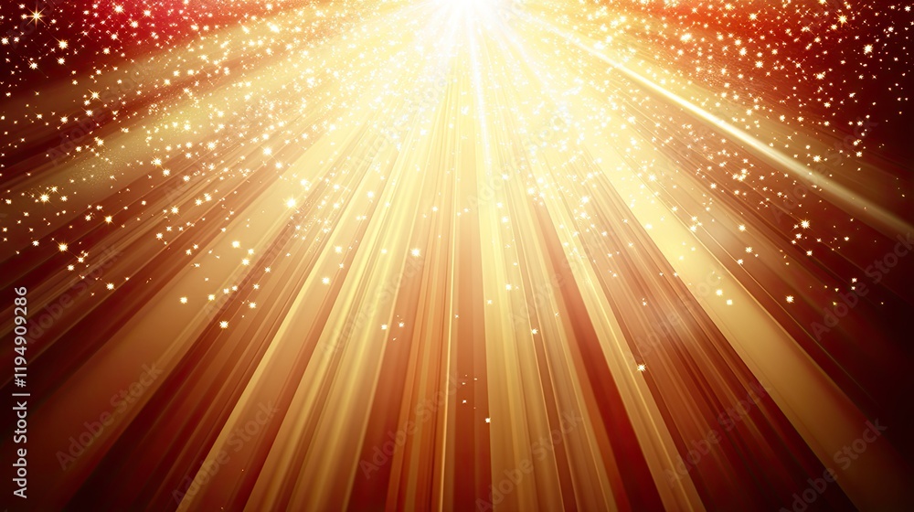 Poster a deep red background illuminated by twinkling sparkles and soft light beams, evoking warmth and joy