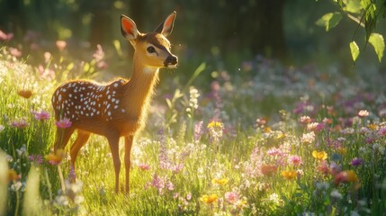 A majestic European roe deer standing among blooming wildflowers in a sunlit meadow