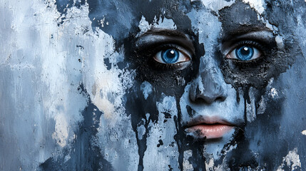 A haunting close-up of a face partially obscured by blue and gray paint, emphasizing striking blue eyes and an artistic, textured background.