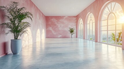 Fototapeta premium Pink Palace Interior: Sun-drenched interior design showcases a spacious room with pink walls, arched windows offering a stunning view, and polished concrete floors, enhanced by elegant potted plants.