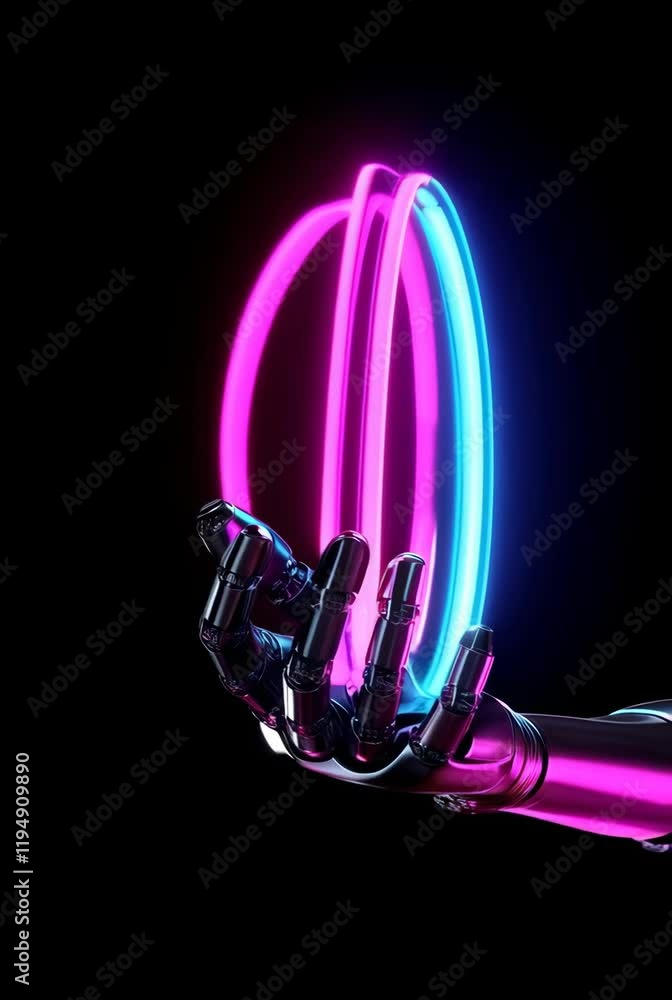 Poster robotic hand holding glowing neon empty ring with space for text or design on center on dark backgro