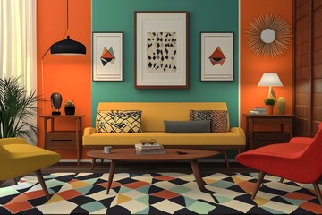 Mid Century Modern Living Room Interior Design Yellow Sofa Teal Walls Orange Accent Walls Geometric Rug Modern Art Prints Stylish Home Decor Apartment