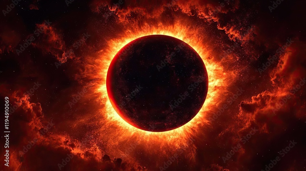 Poster a deep red glow radiating from the center, fading into the darkness around, creating an intense visu