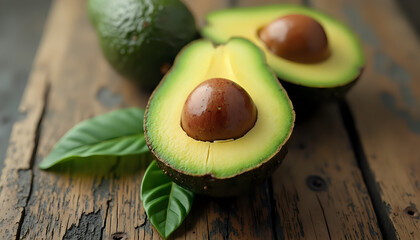 avocados with leaves on a wooden table