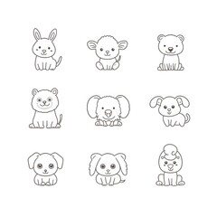 Obraz premium Adorable Line Art Animal Icon Set with Rabbits, Dogs, and Bears