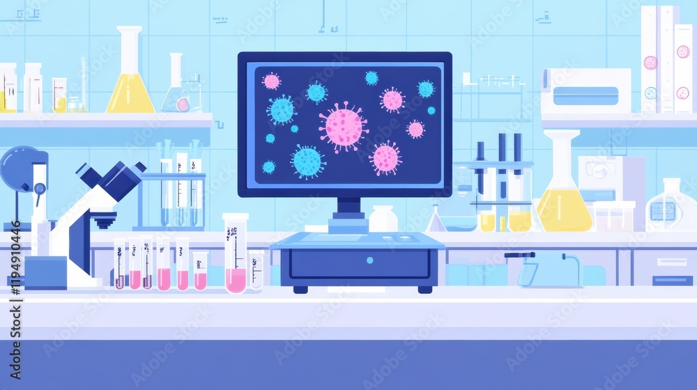 Leinwandbilder laboratory environment featuring microscopes, test tubes, and bacteria visuals on a computer monitor