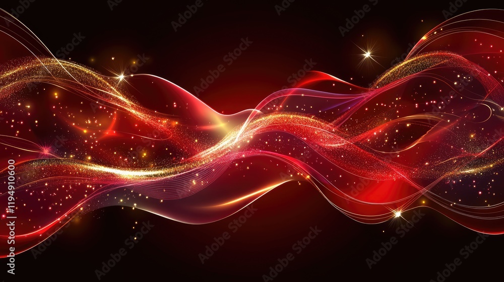 Poster a deep red sparkle backdrop with swirling lights and shimmering golden elements, creating a glamorou
