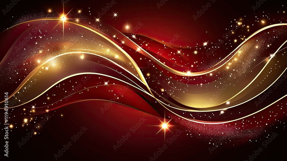 Poster a deep red sparkle backdrop with swirling lights and shimmering golden elements, creating a glamorou