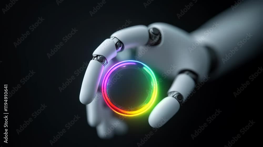 Poster robotic hand holding glowing neon empty ring with space for text or design on center on dark backgro