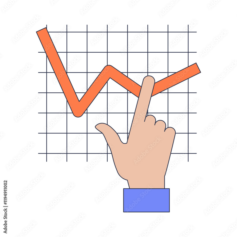 Poster a hand traces a fluctuating line graph, symbolizing analysis and data tracking.