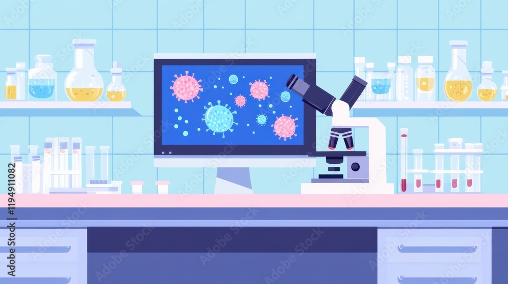 Leinwandbilder laboratory setting with microscopes, test tubes, and digital bacteria visuals on a monitor during a 