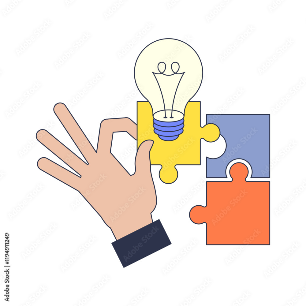 Poster a hand assembles a puzzle with a lightbulb, symbolizing ideas and problem-solving.