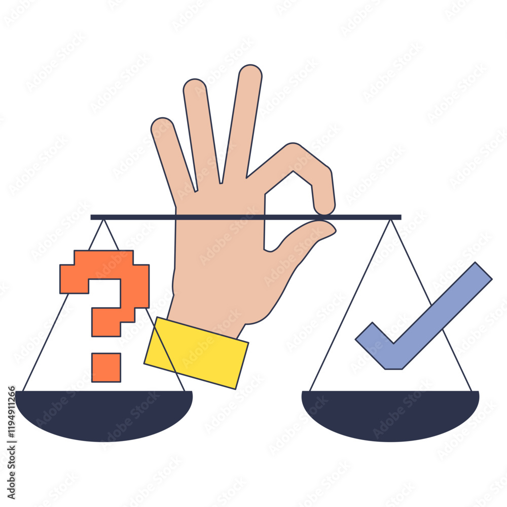 Poster a hand balances a scale with a question mark and a checkmark, symbolizing decision-making.