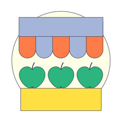 Illustration of a market stall with apples under a colorful awning.