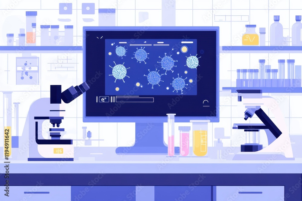 Poster laboratory setup with microscopes and monitors displays bacteria visuals and test tubes for research