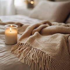 Cozy Throw with Fringe Details Bed Home Interior Soft Textiles Warm Atmosphere Close-Up Comfort Concept