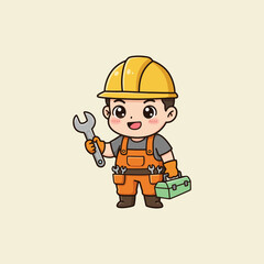 Fototapeta premium A cheerful cartoon illustration of a young mechanic holding a wrench and a toolbox.