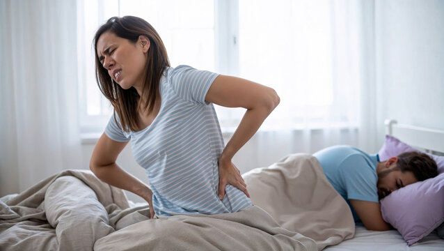 A woman with back pain sits up in bed, visibly uncomfortable, while her partner sleeps beside her. Soft morning light fills the airy bedroom space