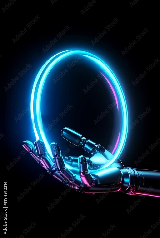 Aufkleber robotic hand holding glowing neon empty ring with space for text or design on center on dark backgro