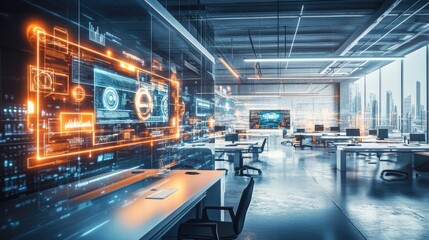 Obraz premium A futuristic high-tech office with holographic screens, sleek desks, and glowing LED lights in a modern workspace.
