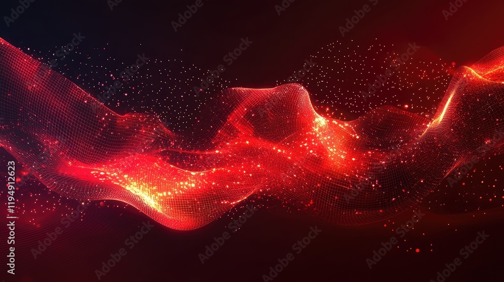 Poster a futuristic red digital art design with glowing grids and abstract shapes, providing a sleek and pr