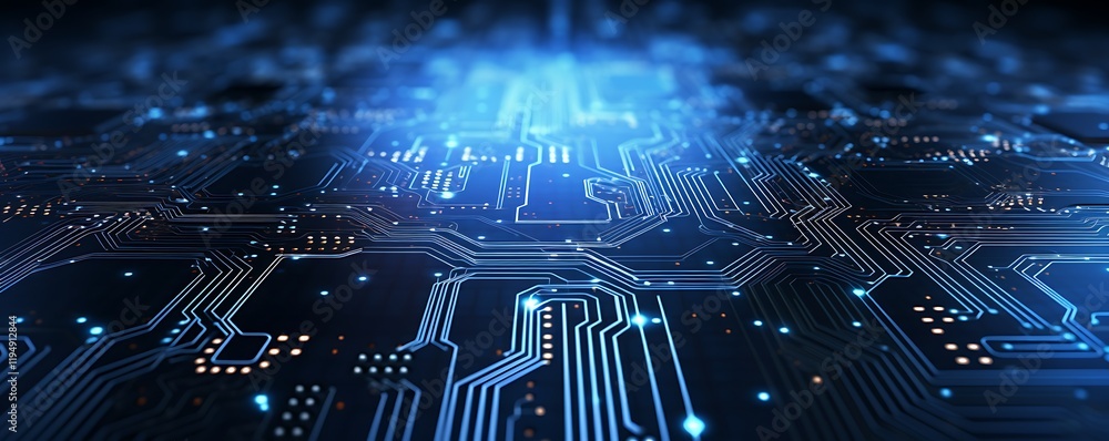Poster digital pulse: a mesmerizing close-up of a circuit board with glowing blue pathways and illuminated 