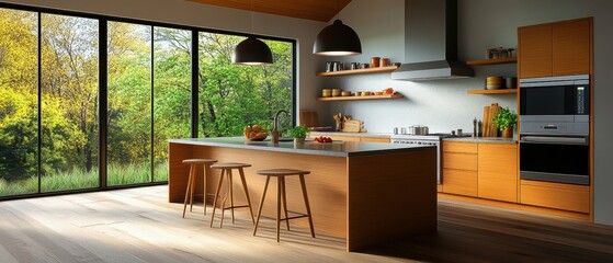 [Modern Kitchen Interior Design] Modern Wood Kitchen Interior View from Above with Natural Light and High-End Cabinets