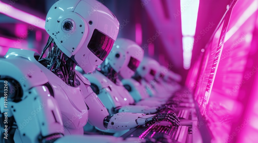 Poster a group of white humanoid robots working on computers in an advanced data center