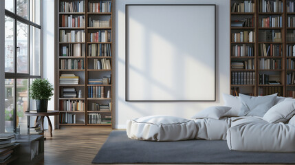Library room with blank photo frame on the wall, version 53