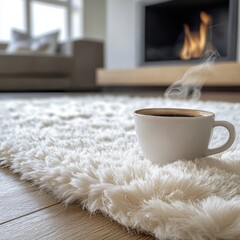 Cozy Morning Scene with Coffee Fluffy White Rug Modern Living Room Interior Warm Lighting Relaxation Concept