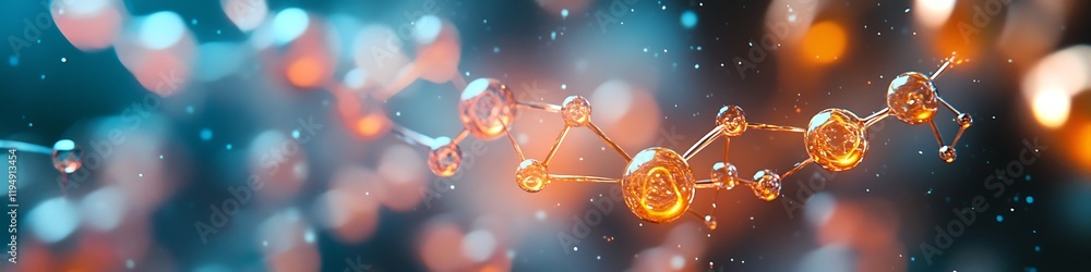 Poster molecular bonds: abstract 3d rendering of glowing amber molecular structures floating in a vibrant t