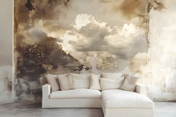 Dramatic Cloudy Sky Wall Mural Distressed Texture Beige Brown White Interior Design Modern Home Decor Room Scene Peaceful Atmosphere Serene Tranquil  