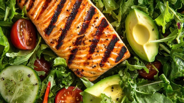 A close-up of a balanced ketogenic dinner, featuring grilled salmon, avocado