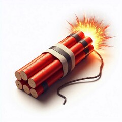 Dynamite stick with burning fuse on white background